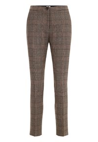 Brown plaid trousers featuring a tailored fit, a flat front, and a button closure. The fabric has a textured, woven appearance.
