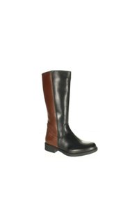 Stivali alti in pelle con un albero nero e pannello laterale marrone, caratterizzati da una punta arrotondata e tacco basso. Texture liscia, dettagli di cucitura minimi.