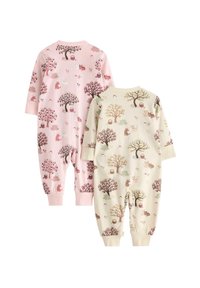 Zwei Kinderoveralls: einer in Pink mit Bäumen und Tieren, und einer in Creme mit ähnlichen Mustern. Beide haben lange Ärmel und elastische Bündchen.
