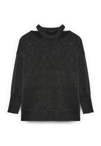 Czarny sweter dzianinowy z wysokim kołnierzem. Posiada teksturowane, błyszczące wykończenie oraz długie rękawy z prążkowanymi mankietami.