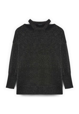 Suéter de punto negro con un cuello alto. Presenta un acabado texturizado y brillante, y mangas largas con puños acanalados.