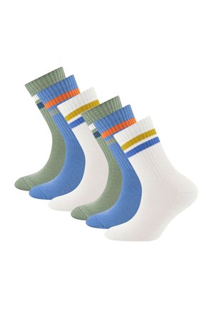 Five pairs of mid-calf ribbed socks in green, blue, and white with colored horizontal stripes near the top, arranged in alternating colors.