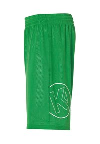 Groene mesh basketbalshorts met een elastische tailleband en een opvallend wit logo op het linkerbeen, met een ademend ontwerp.