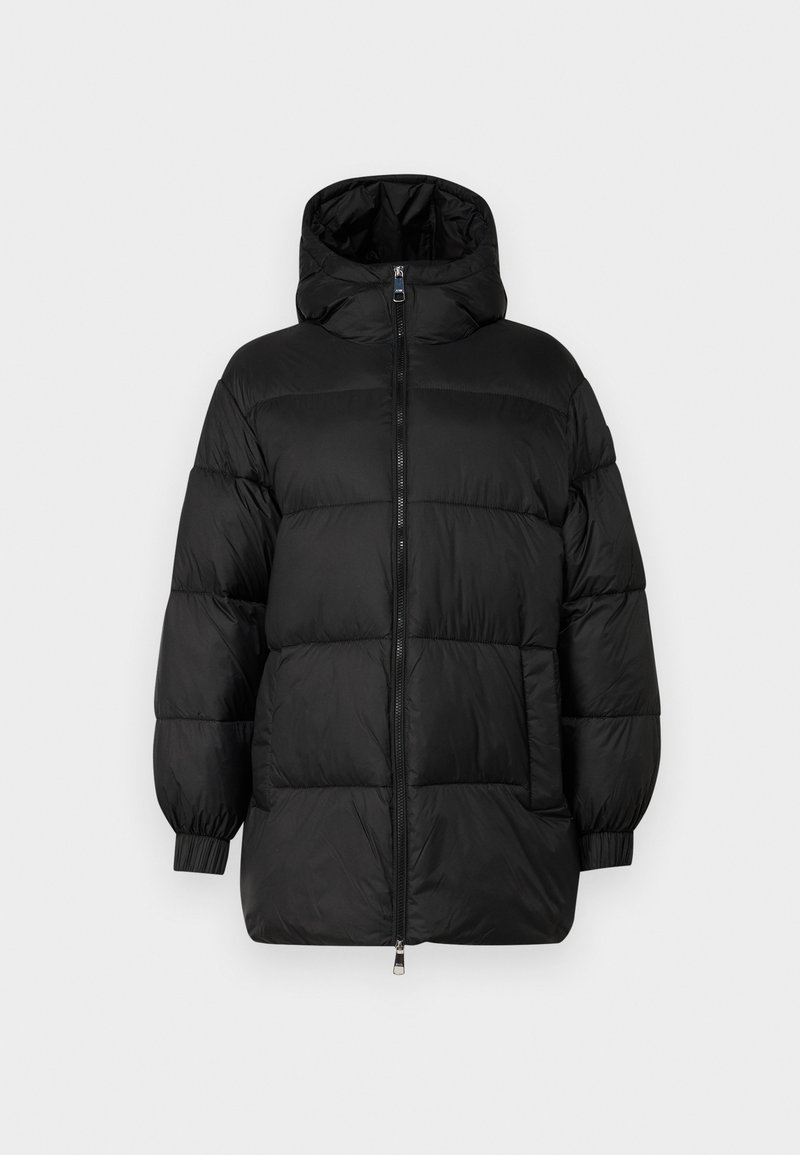 Musthave puffer jope mustriga kapuutsiga, millel on tikandiga osad, eesmine lukku ja elastne äär ja varrukad. sisaldab suurt eesmist taskut.