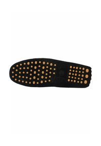 Schwarze Schuhsohle mit strukturiertem Oberflächen, die erhobene orangefarbene Punkte für besseren Halt aufweist. Glatte Kanten und eine leichte Kurve an der Ferse.