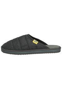 Black quilted slippers with an open back, rubber sole, and yellow logo tag. Soft fabric texture and cushioned design for comfort.