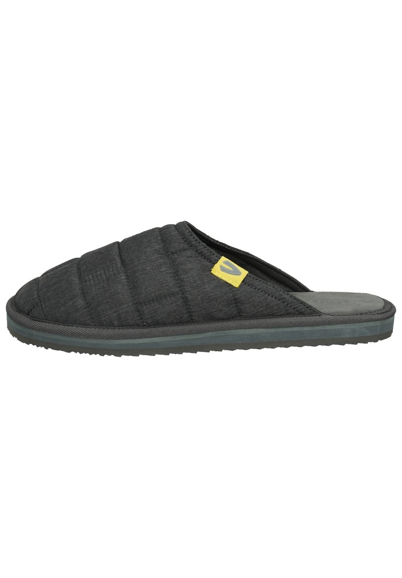 Black quilted slippers with an open back, rubber sole, and yellow logo tag. Soft fabric texture and cushioned design for comfort.