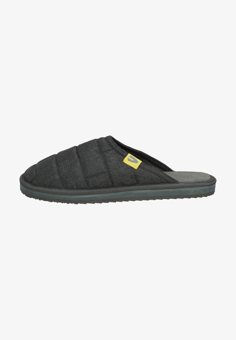 Black quilted slippers with an open back, rubber sole, and yellow logo tag. Soft fabric texture and cushioned design for comfort.
