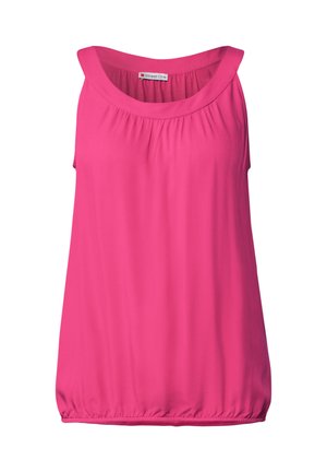 Top senza maniche di colore rosa con scollatura tonda, tessuto morbido, dettagli arricciati sul seno e orlo elastico per una vestibilità comoda.