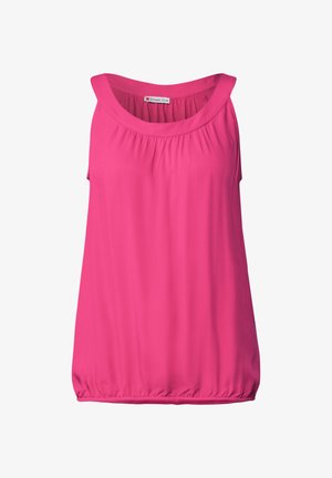 Top senza maniche di colore rosa con scollatura tonda, tessuto morbido, dettagli arricciati sul seno e orlo elastico per una vestibilità comoda.