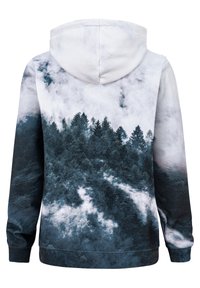 Felpa con cappuccio caratterizzata da un design fotografico di alberi sempreverdi scuri su uno sfondo nebbioso bianco-grigiastro. Tessuto misto cotone.