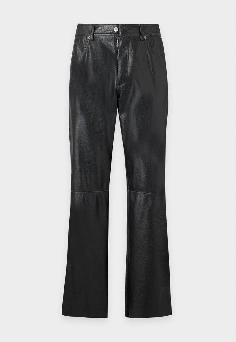 Black faux leather pants with front pockets, front zipper, button closure, belt loops, and flared legs.