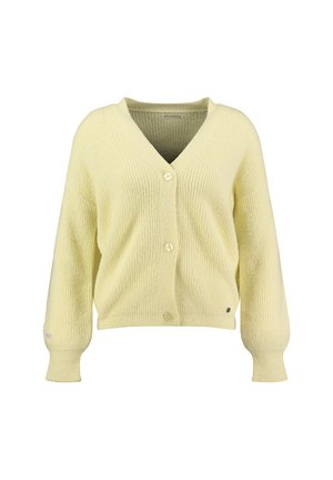 Miękki żółty kardigan z dzianiny z dekoltem w serek, długimi rękawami, prążkowanymi mankietami i trzema guzikami z przodu.