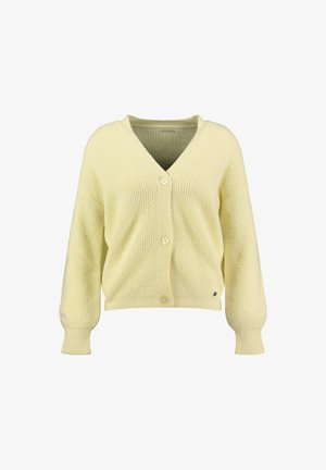 Cardigan jaune doux en maille avec col en V, manches longues, poignets côtelés et trois boutons à l'avant.