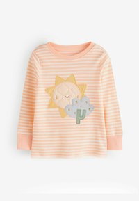 Långärmad t-shirt i mjukt persikofärgad tyg med vita ränder. Har ett applikationsmotiv av en sol och ett moln med en kaktusdetalj.