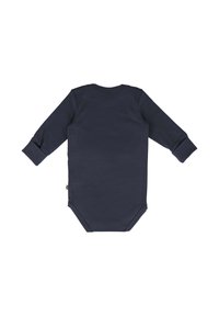 Long-sleeve navy bodysuit made of soft cotton, featuring a round neckline, snap closure at the bottom, and ribbed cuffs.