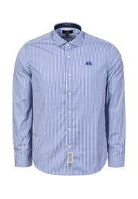 Herrskjorta med knappar, blå och vita vertikala ränder, långa ärmar, framåtriktad krage, broderad logotyp på bröstet, bomullstyg.