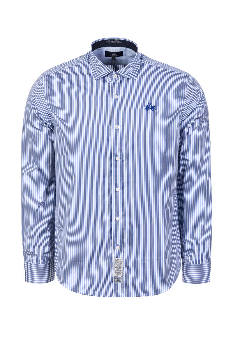 Herrskjorta med knappar, blå och vita vertikala ränder, långa ärmar, framåtriktad krage, broderad logotyp på bröstet, bomullstyg.