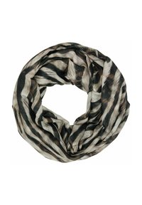 Circular infinity scarf in lightweight fabric featuring a black and beige zebra stripe pattern with a soft, smooth texture.