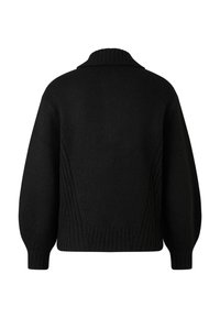 Black knit sweater with a textured surface, featuring a wide collar and relaxed fit. Sleeves are slightly puffed, with ribbed cuffs and hem.