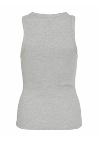 Achteraanzicht van een effen lichtgrijze mouwloze geribbelde tanktop met ronde halslijn en aansluitende pasvorm.