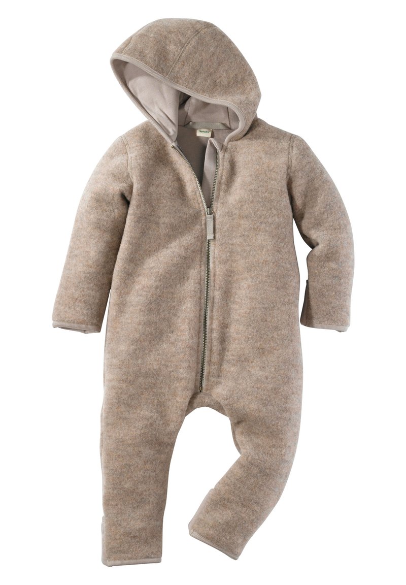 Brauner Fleece-Overall mit Reißverschluss vorne, langen Ärmeln und Kapuze. Verfügt über eine weiche Textur und gerippte Bündchen für eine angenehme Passform.