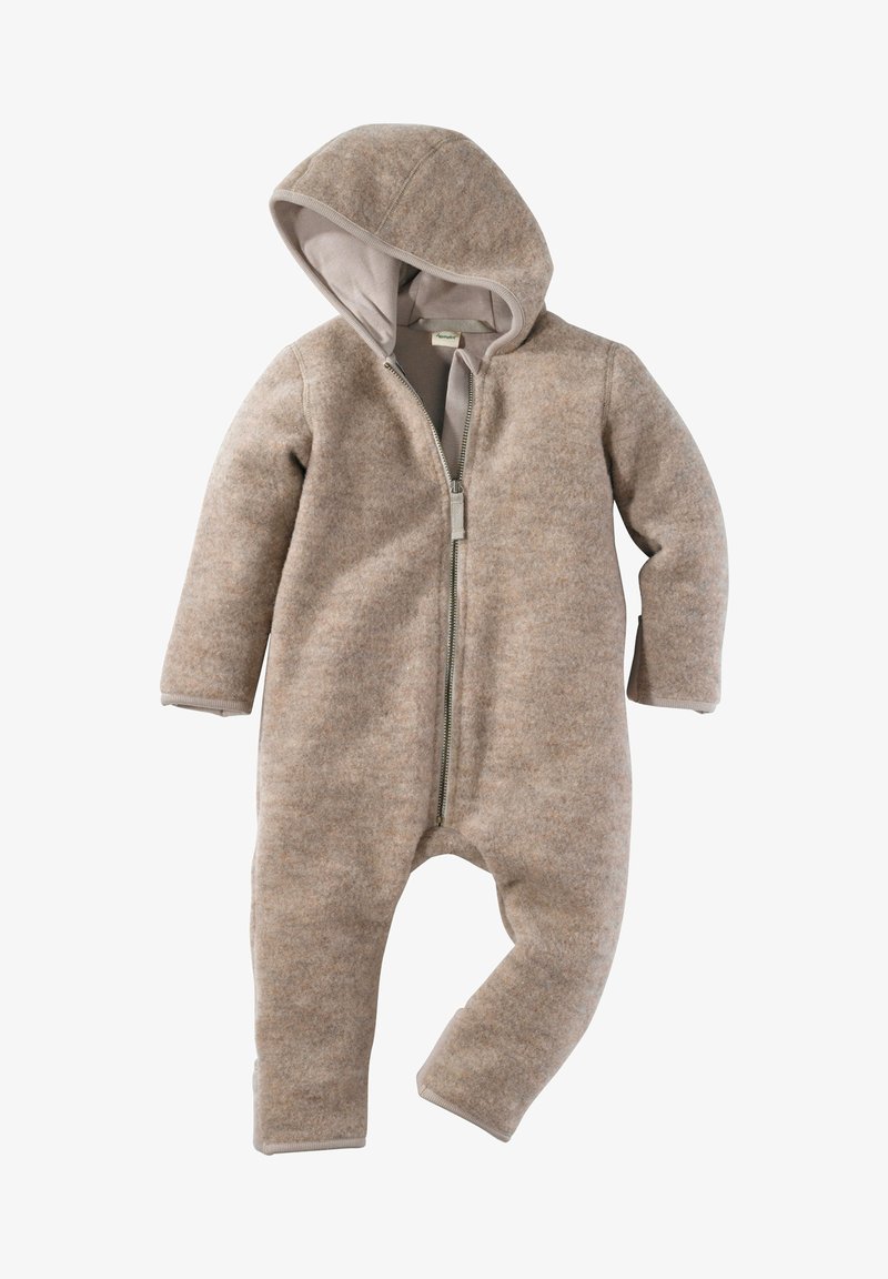 Bruine fleece jumpsuit met een ritssluiting aan de voorkant, lange mouwen en een capuchon. Heeft een zachte textuur en ribgebreide manchetten voor een snug fit.