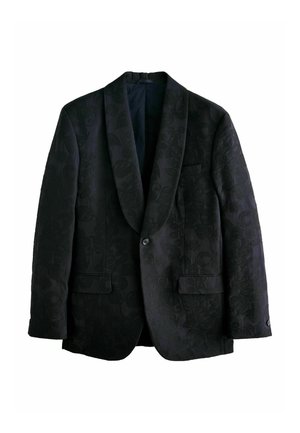 Black single-button blazer with subtle floral jacquard pattern, shawl lapel, two front flap pockets, and a chest welt pocket.
