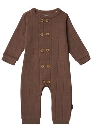 Brun bomuldsromper med lange ærmer, ribbet tekstur, lodret syning og seks træknapdetaljer foran. Manchetter ved anklerne.