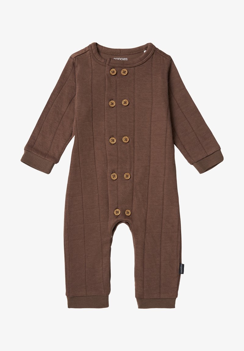 Romper en coton marron avec des manches longues, texture côtelée, coutures verticales et six accents de boutons en bois à l'avant. Jambes à poignets.