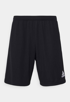 Zwarte sportshorts gemaakt van een lichtgewicht, ademend materiaal. Voorzien van een elastische tailleband en een zilveren Adidas-logo aan de onderzijde rechts.