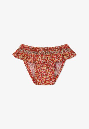 Bas de bikini à motif floral rouge avec une taille froncée. Comprend de petites fleurs jaunes et blanches. Fabriqué en tissu léger et extensible.