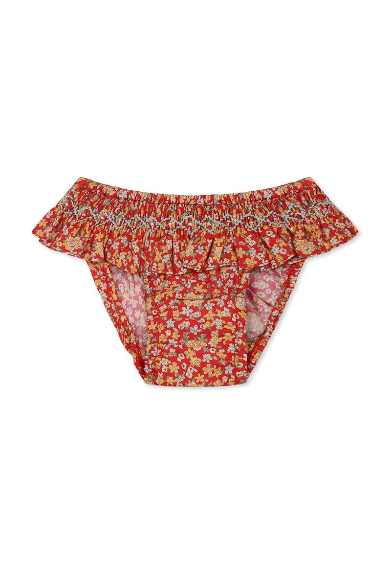 Bas de bikini à motif floral rouge avec une taille froncée. Comprend de petites fleurs jaunes et blanches. Fabriqué en tissu léger et extensible.