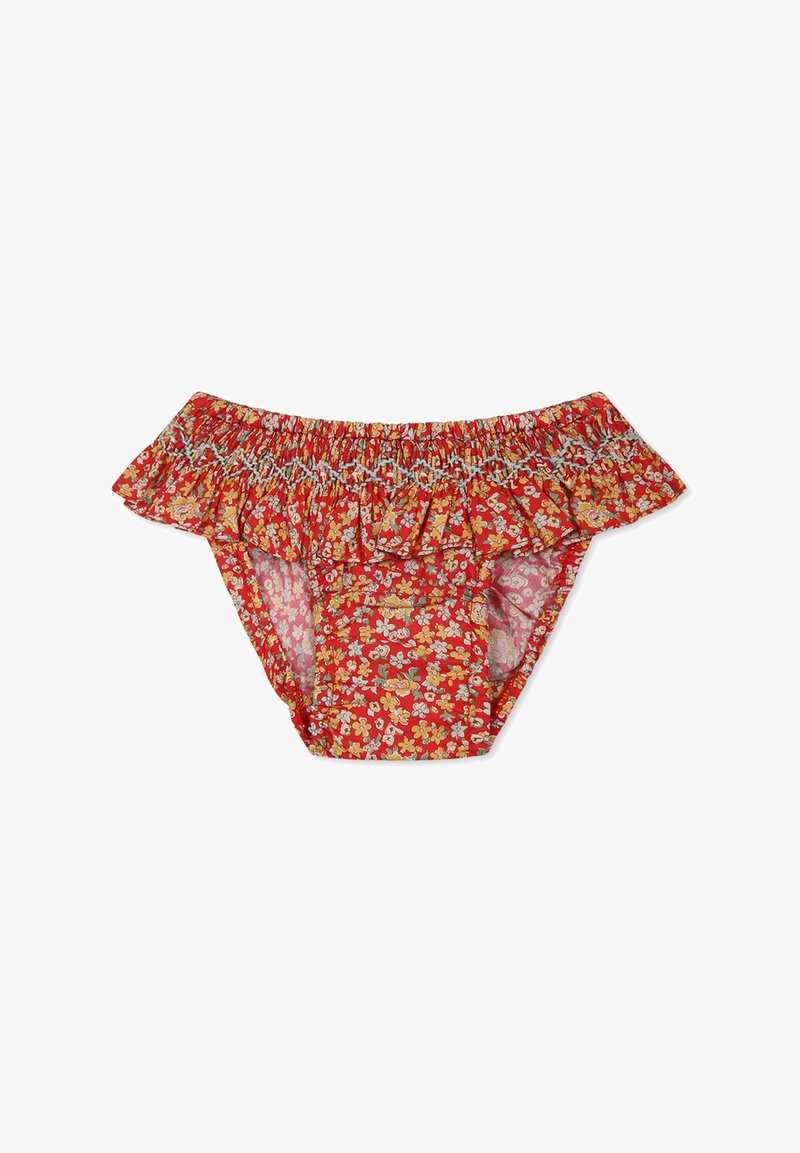 Bas de bikini à motif floral rouge avec une taille froncée. Comprend de petites fleurs jaunes et blanches. Fabriqué en tissu léger et extensible.