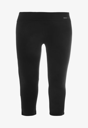 Black leggings in a stretchy, smooth material, featuring a wide waistband and a mid-calf length. Simple design with no visible patterns or adornments.