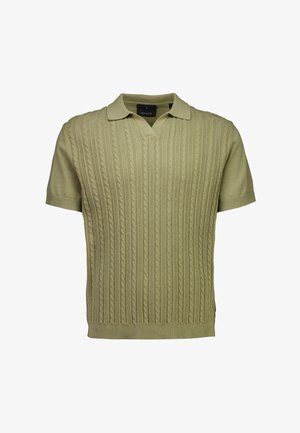 Polo a maniche corte in maglia verde oliva chiaro, con motivo a treccia testurizzata, scollo con collo e orlo dritto.