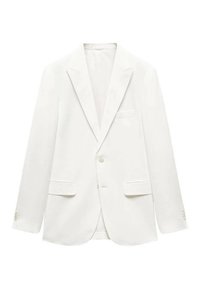 Blazer bianco realizzato in un tessuto leggero, dotato di revers a punta, due tasche frontali e chiusura con un solo bottone. Tessuto liscio.