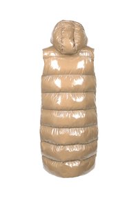 Glanzende beige gewatteerde puffer vest met capuchon, gezien vanuit de achterkant, met horizontale gewatteerde secties.