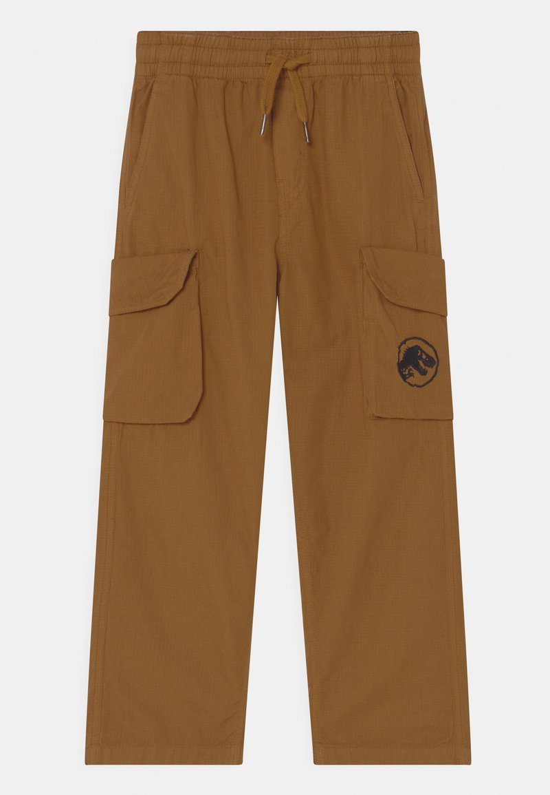 Pantalons cargo marron avec taille élastique, cordon de serrage, poches latérales à rabat, et un logo de dinosaure noir sur la poche droite.