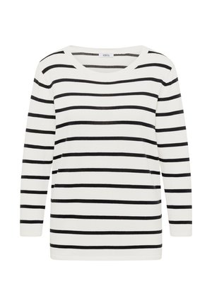 Witte lange mouwen shirt met gelijkmatig verdeelde zwarte horizontale strepen en een ronde hals, weergegeven tegen een effen achtergrond.