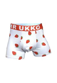 Białe bokserki z czerwoną gumą w pasie ozdobioną napisem „MR UKKO”. Tkanina ozdobiona jest wzorem zielonych truskawek z czerwonym miąższem.