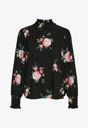 Zwarte blouse met lange mouwen, voorzien van een hoge, gesmockte halslijn, een bloemenpatroon in roze en groen, en gesmockte manchetten. Gladde stoftextuur.