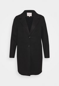 Cappotto nero di lunghezza media con rever e due bottoni frontali, esposto su uno sfondo bianco semplice.