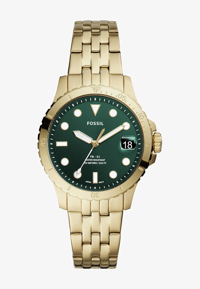 Gold stainless steel watch with a round green dial, white hour markers, and date display. Features a link bracelet and water resistance to 100 meters.