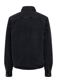 Must teksadenimist jakk, tagantvaade, millel on klassikaline krae, nööpidega mansetid ning sile tekstuur väheste õmblustega.