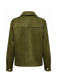 Olive green suede jacket with a simple collar, back yoke detail, and cuff buttons. Soft texture and relaxed fit for comfort.
