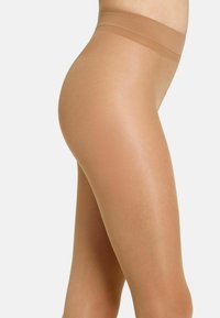 Hautfarbene Strumpfhosen mit einer dehnbaren, glatten Textur und einem Bündchen oben. Die Farbe ist ein helles Beige, das für verschiedene Hauttöne geeignet ist.