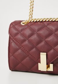 Borsa a tracolla in pelle bordeaux trapuntata con catena dorata, caratterizzata da una chiusura in metallo dorato e una finitura testurizzata. Forma rettangolare compatta.