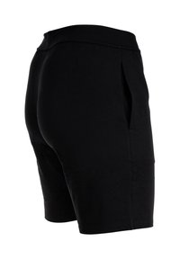 Mustat puuvillashortsit, joissa on pehmeä pinta, joustava vyötärö ja sivutasku. Muotoilu on yksinkertainen ja tiukka, sopii päivittäiseen käyttöön.