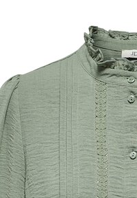Light green blouse featuring a high ruffled collar, textured fabric, placket with buttons, and vertical lines with decorative lace accents.